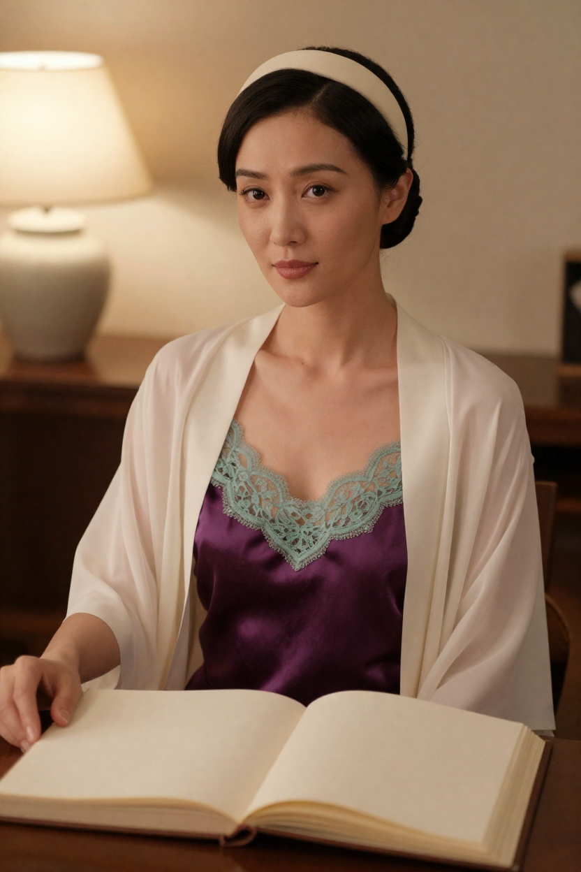 Editorial boudoir photograph of a fictional adult woman, 29 years old, dark hair in a low
