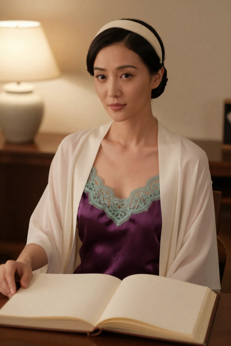 HuarenGuide muse in a plum silk slip dress with jade lace and an ivory robe, seated at a desk with an open blank album and a ceramic lamp